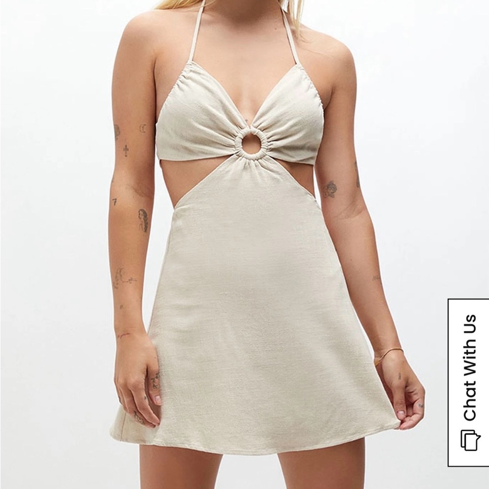 La Hearts Cream Halter Ring-Cutout Mini Dress